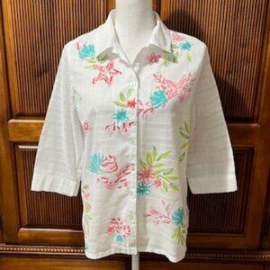 Koret White Button Down Seashell Print Cotton Top Blouse 3/4 Sleeves Size M